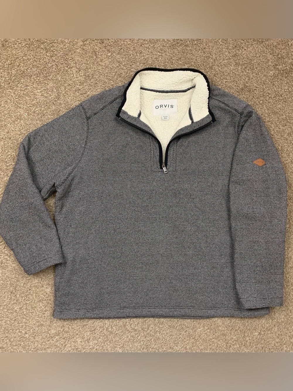 Orvis Sweater Mens 2XL Gray Sherpa Lined Quarter Zip Pullover Fleece Warm XXL